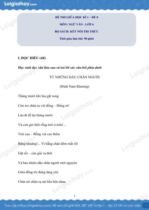 Đề thi giữa kì 1 Văn 6 Kết nối tri thức - Đề số 8